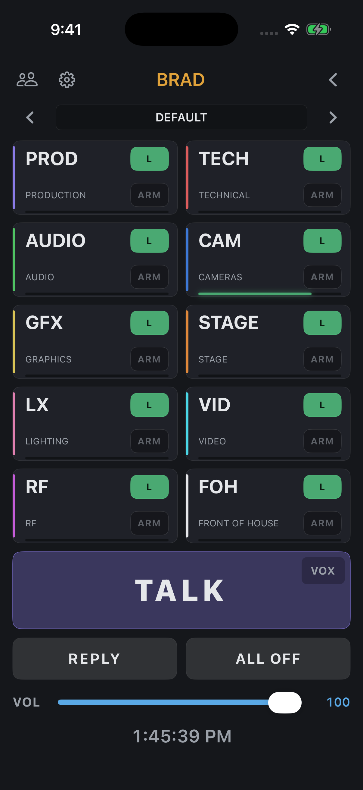 OD Link Intercom iPhone client showing channel listening controls, ARM, TALK and REPLY