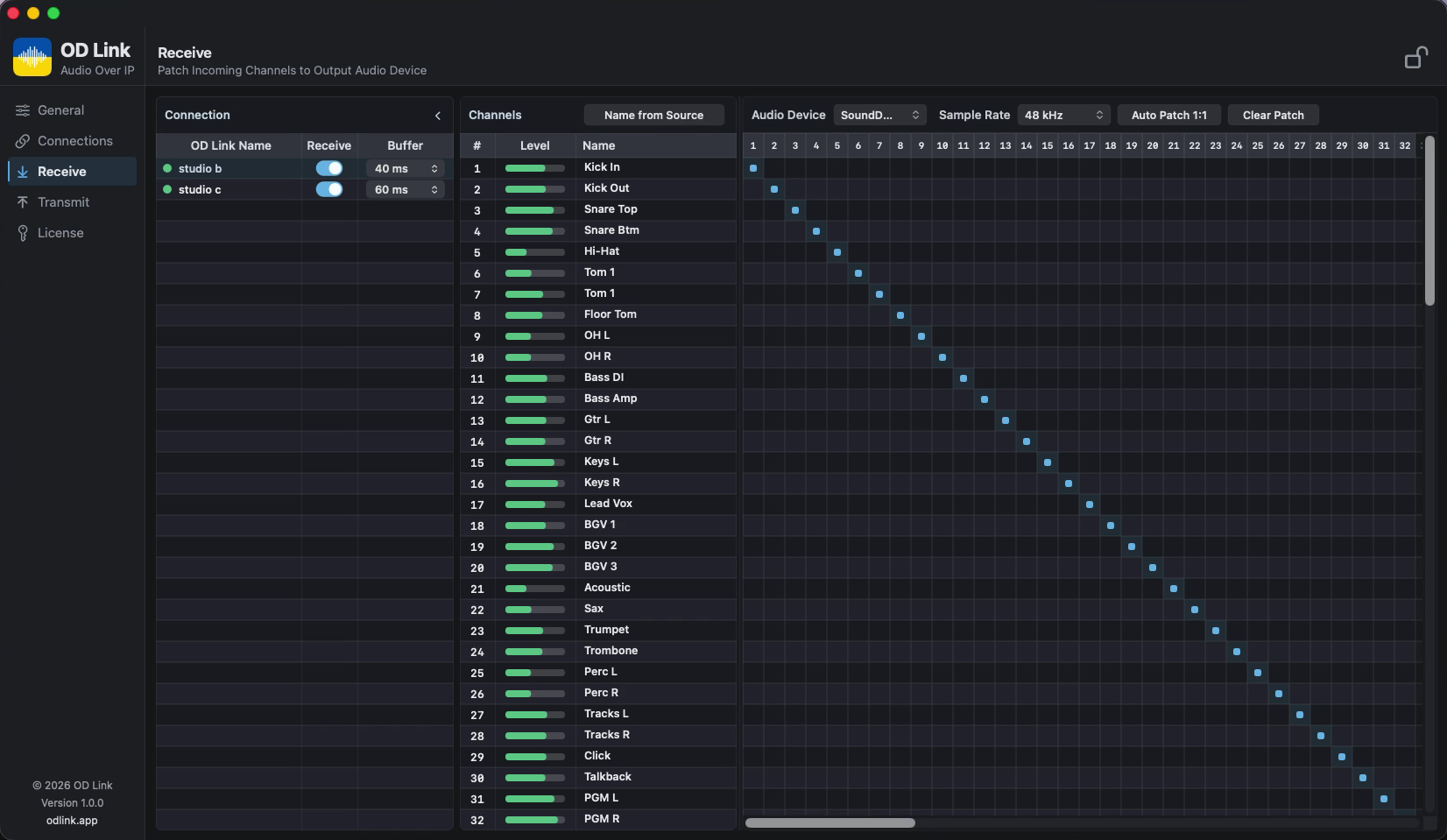 OD Link Receive: incoming audio, per-connection buffer and output routing matrix